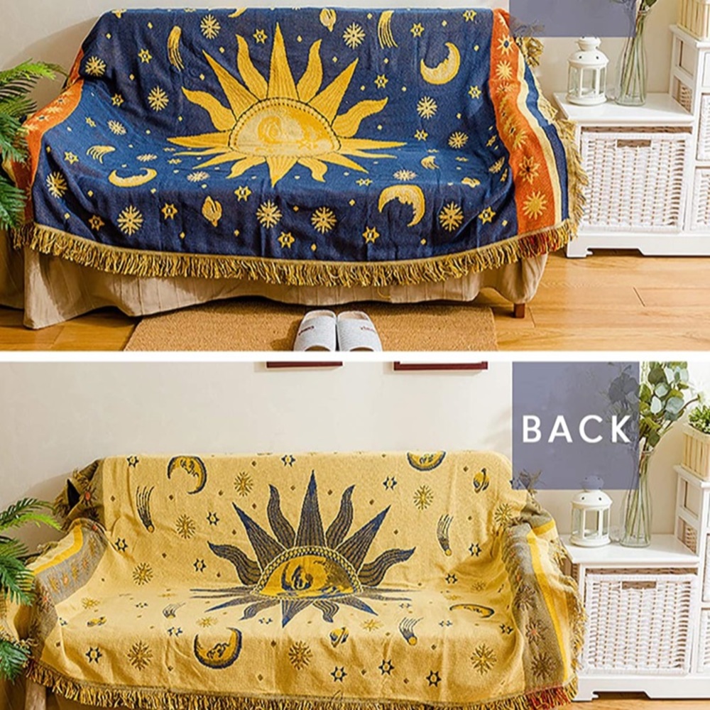Bohemian Vintage Sun/Moon Retro Reversible Throw Blanket for Sofa/Bed/Dorm/Patio - Picture 6 of 7
